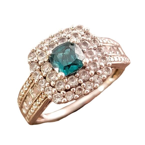 Sterling Emerald Cushion Cut White Sapphire Halo Ring - Picture 1 of 10